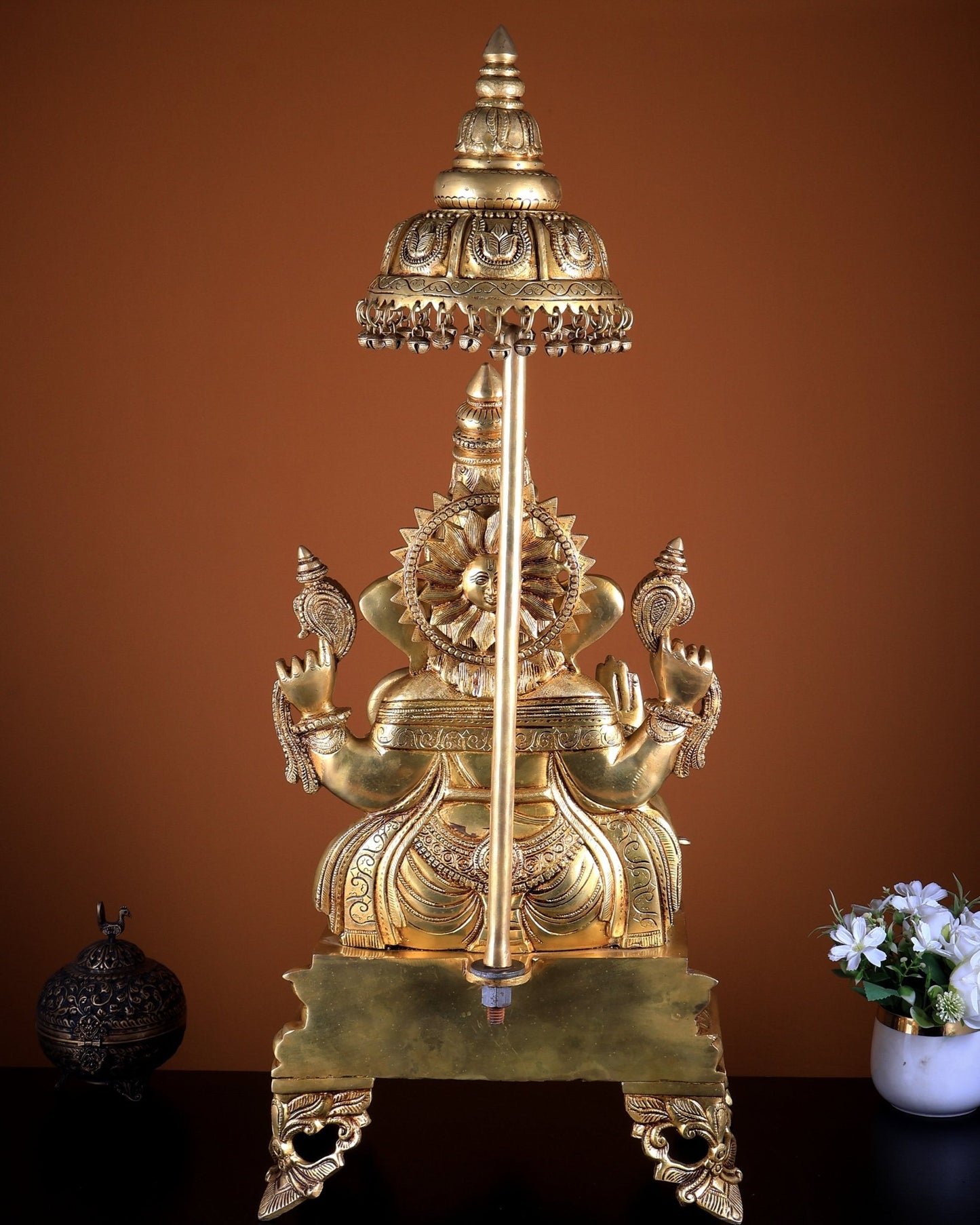 Large Brass Lord Ganesha Statue with Chattar (Umbrella) Throne | Temple Grade 34 inch - Budhshiv.com