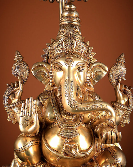 Large Brass Lord Ganesha Statue with Chattar (Umbrella) Throne | Temple Grade 34 inch - Budhshiv.com