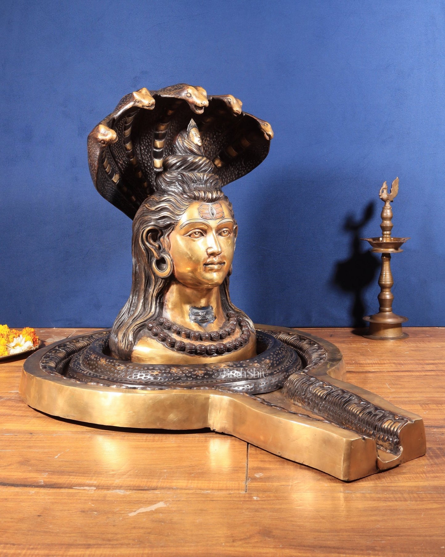 Large Brass Lord Shiva Mukhalingam Shivling – 24" x 25" x 36" | Temple - Perfect with Detachable Base & Vasuki - Budhshiv.com