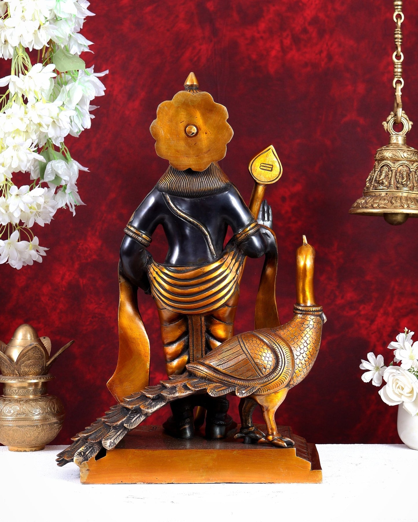 Large Brass Murugan Swamy with Peacock Idol – Black & Golden Finish Highly Detailed Lord Kartikeya Statue (20.5 Inch) - Budhshiv.com