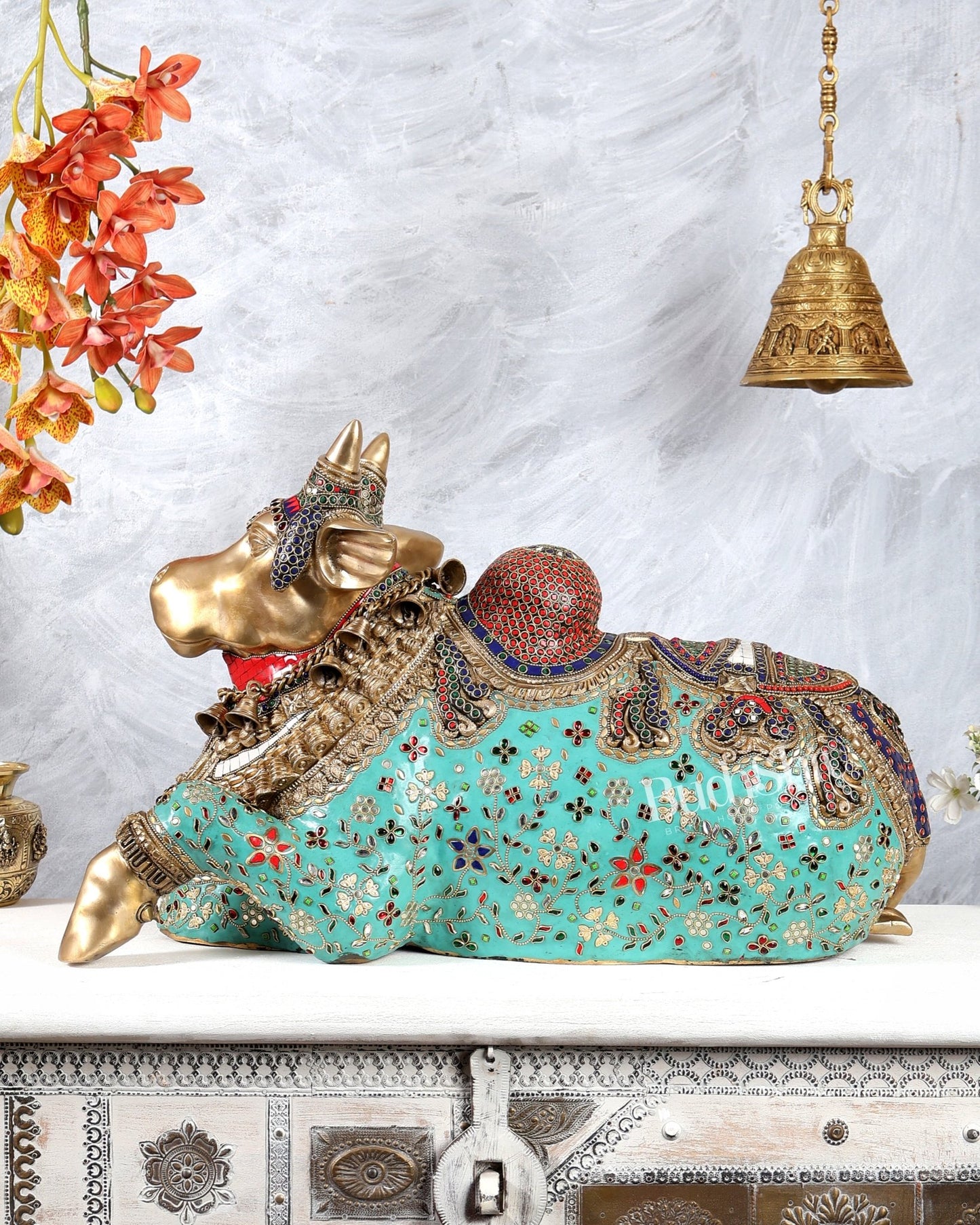 Large Brass Nandi Sculpture – Majestic Temple Design 25 inch with Stonework - Budhshiv.com