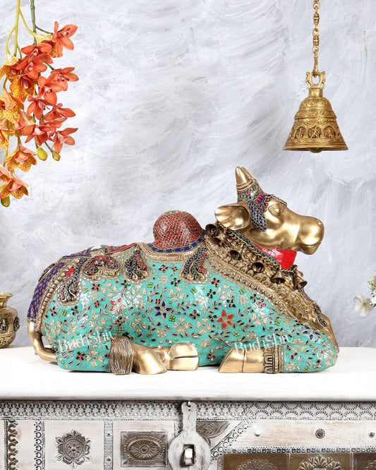 Large Brass Nandi Sculpture – Majestic Temple Design 25 inch with Stonework - Budhshiv.com