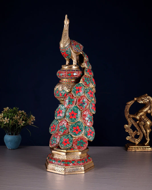 Large brass Peacock Showpiece with floral stonework - 20 Inch - Budhshiv.com