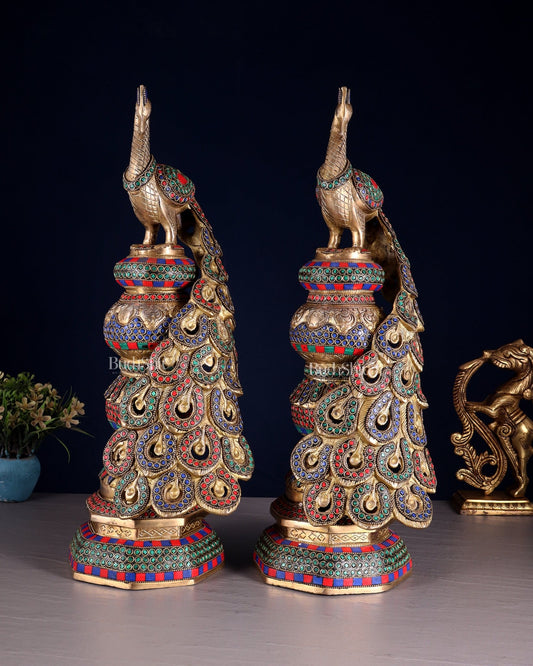Large brass Peacock Showpiece with ring stonework - 20 Inch pair - Budhshiv.com