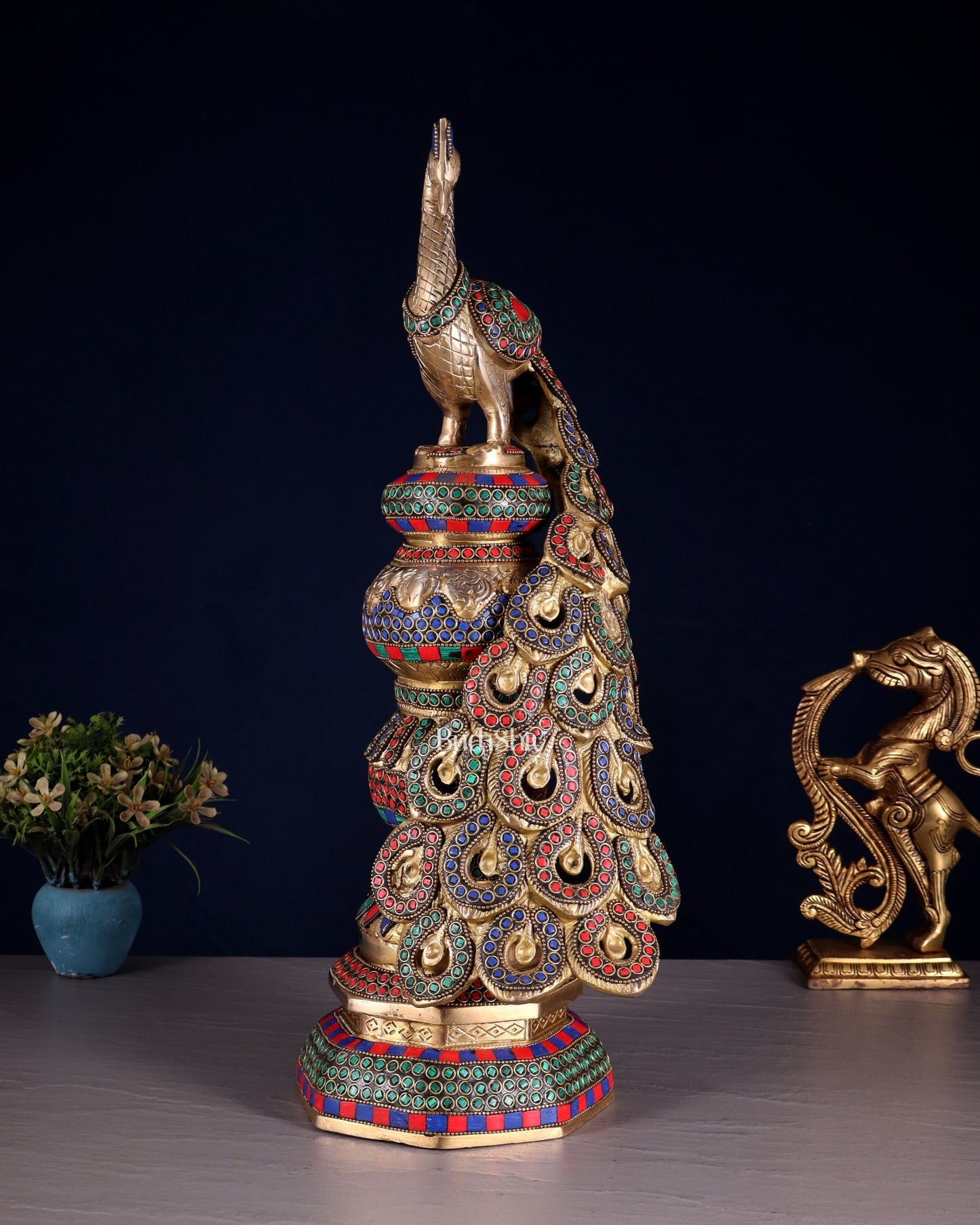 Large brass Peacock Showpiece with ring stonework - 20 Inch - Budhshiv.com