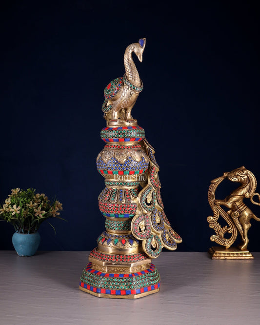 Large brass Peacock Showpiece with ring stonework - 20 Inch - Budhshiv.com