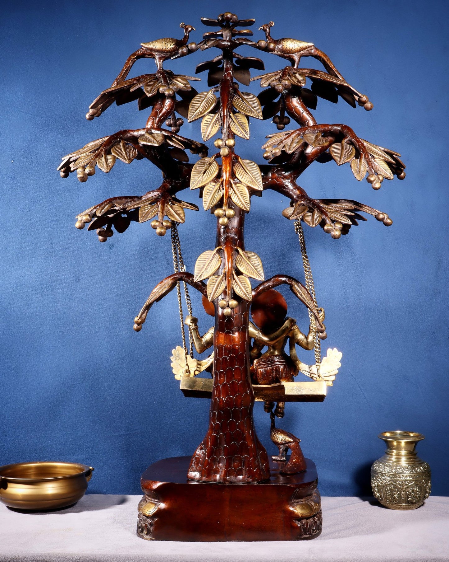 Large Brass Radha Krishna Swing with Kalpavriksha tree Brown - Gold Finish 3 feet - Budhshiv.com