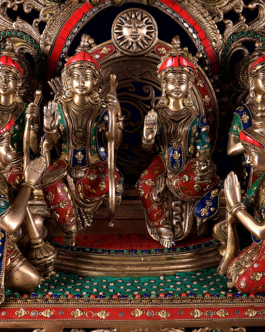 Large Brass Ram Darbar sitting Idol |(Ramapatabhishekam) 23" meenakari Stonework - Budhshiv.com