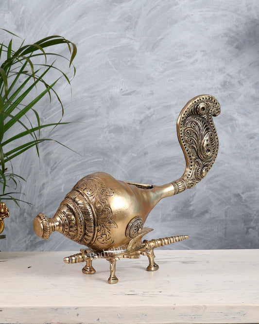 Large Brass Shankh Kala Gurjari Conch with Stand | Vastu Auspicious Spiritual Showpiece - Budhshiv.com
