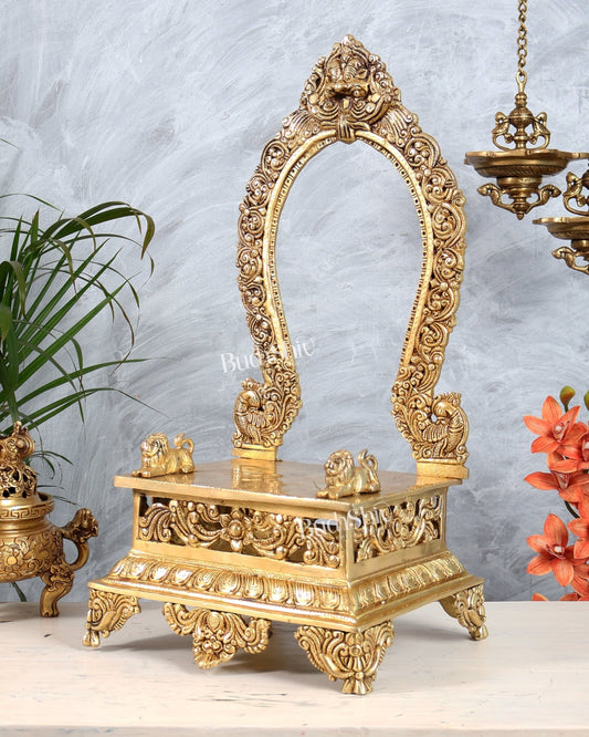 Large Brass Singhasan with Kirtimukha Prabhavali & Seated Lions | Temple Throne for God Idols 20.5" - Budhshiv.com