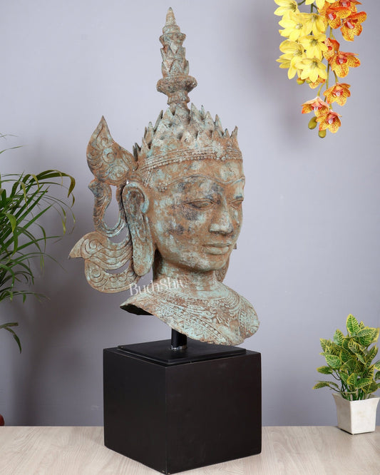 Large Bronze Buddha Bust Face Sculpture – Crowned Buddha Vintage Luxury Decor Artefact 42.5" - Budhshiv.com