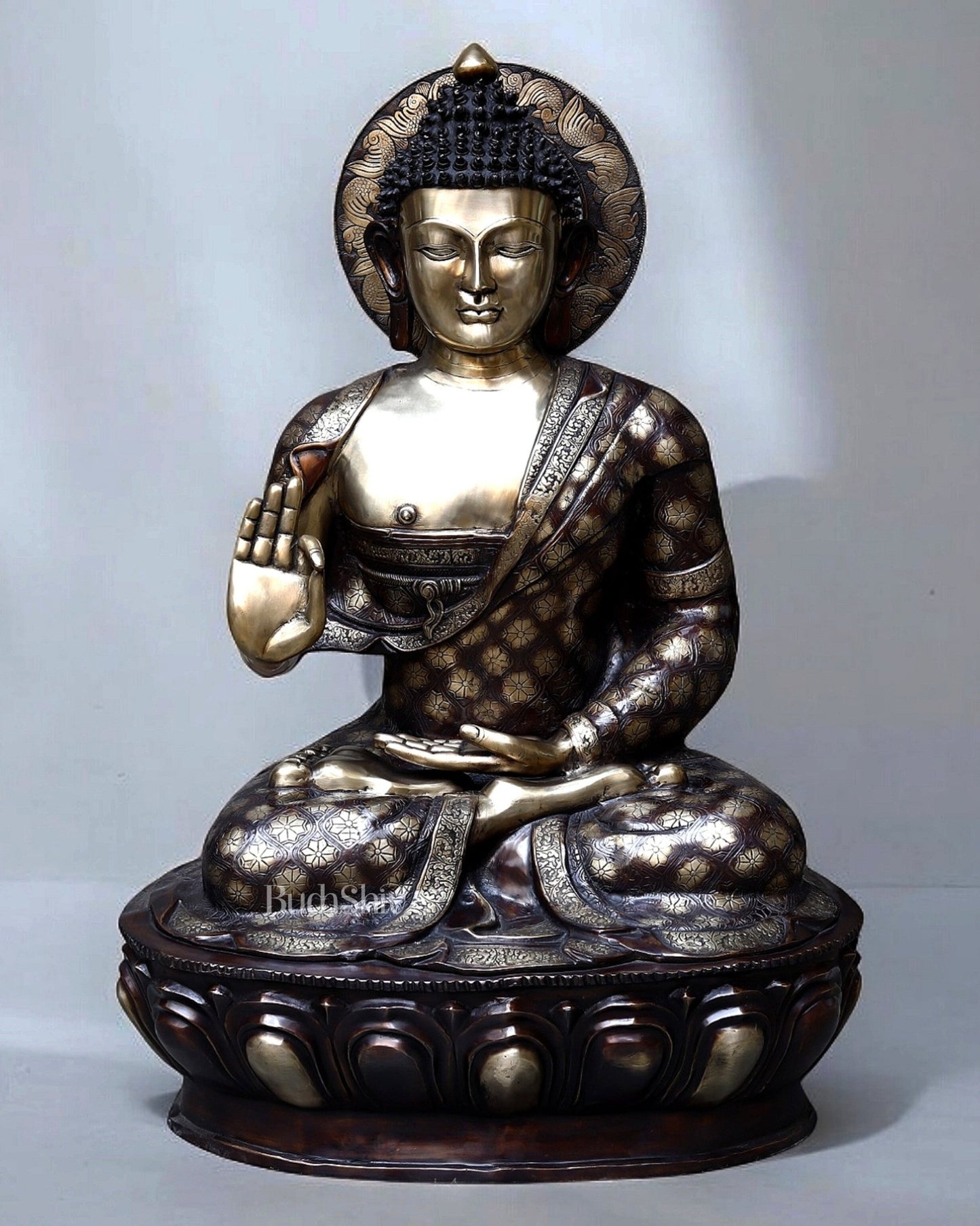 Large Pure Brass Buddha Statue in Abhaya Mudra – 46 Inches, 95 Kg Celestial Aura - Budhshiv.com