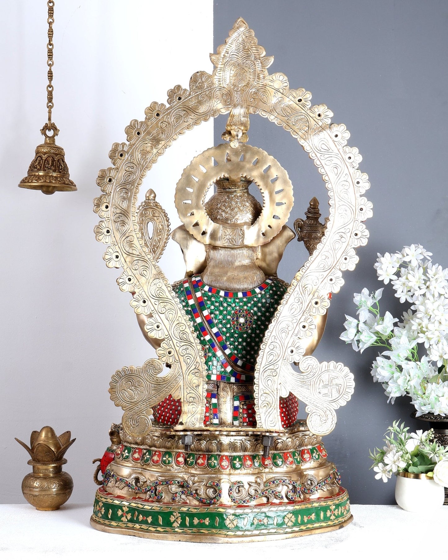 Large Pure Brass Ganesha Statue - 40 inch with stonework - Budhshiv.com