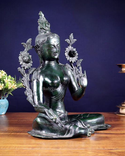 Large Pure Brass Green Tara Idol 13" agate green stone finish - Budhshiv.com