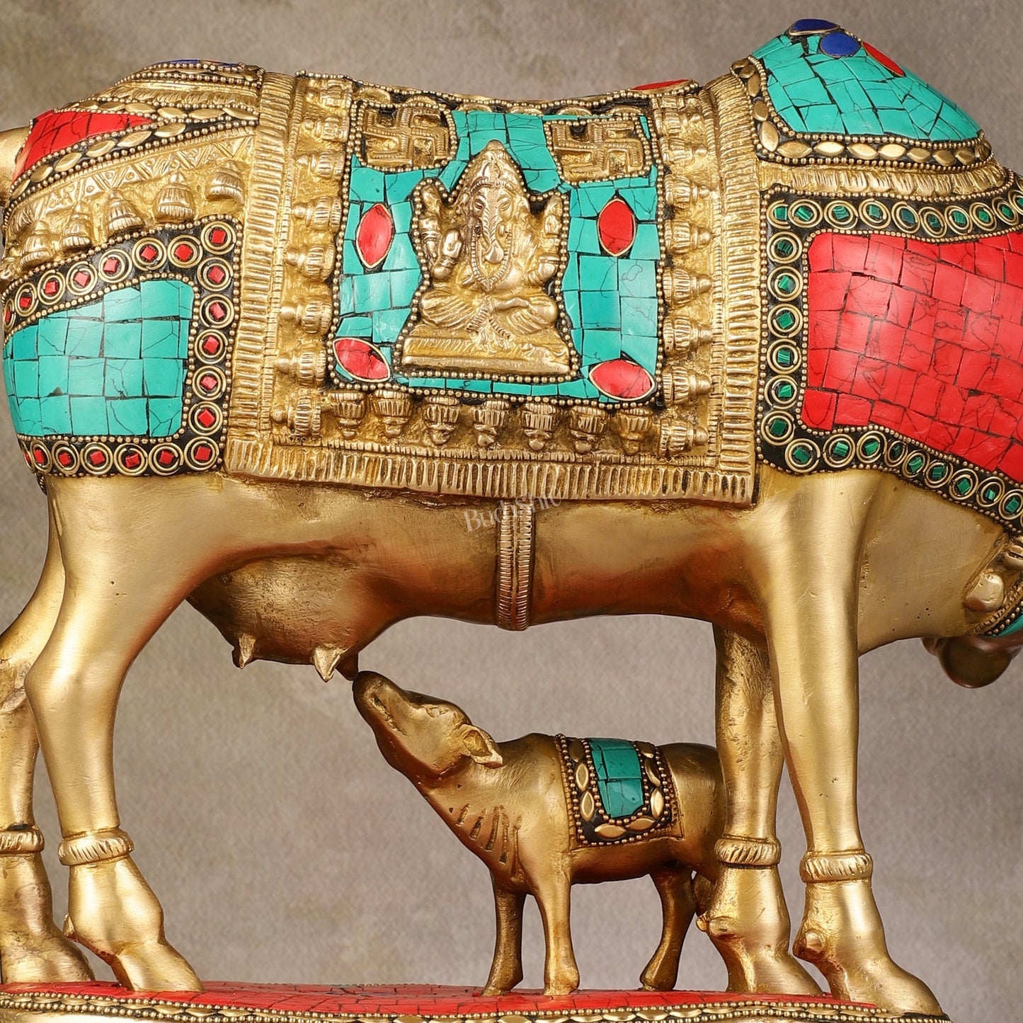 Large Pure Brass Kamdhenu Cow with Calf Statue - 13 inch - Budhshiv.com