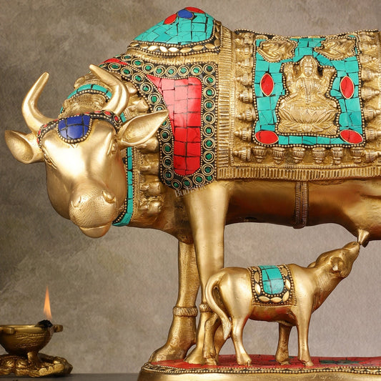Large Pure Brass Kamdhenu Cow with Calf Statue - 13 inch - Budhshiv.com