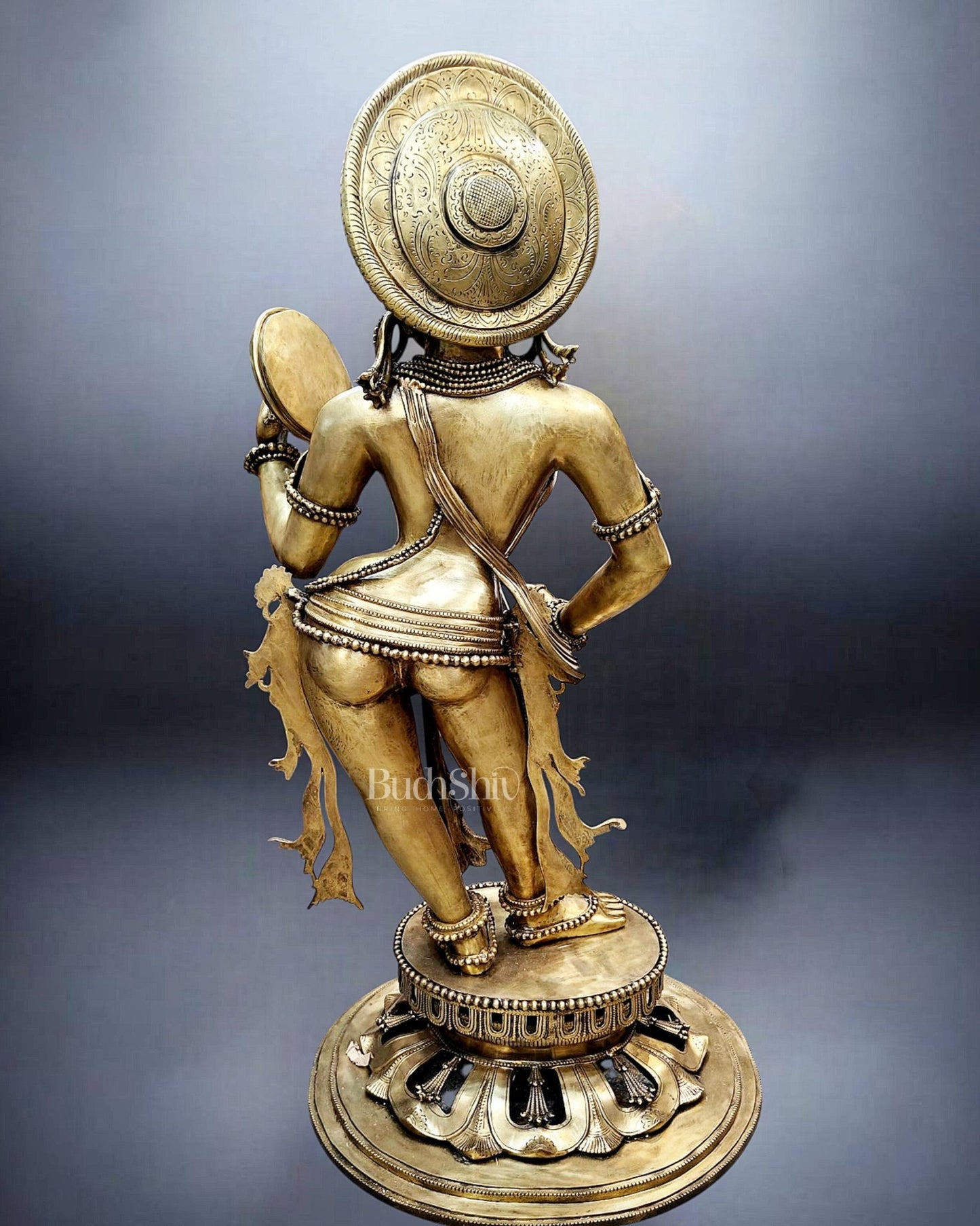 Large Pure Bronze Apsara Holding a Mirror Sculpture 54" - Budhshiv.com