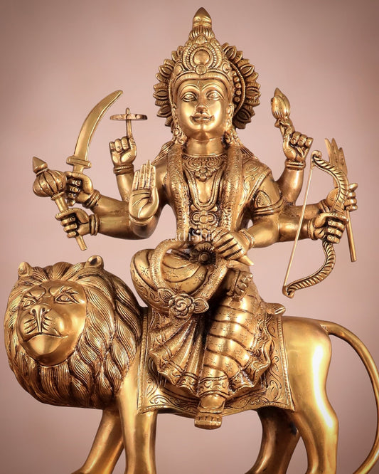 Large Superfine Brass Durga Mata Statue - Antique Golden Tone | Height 21.5 inch - Budhshiv.com