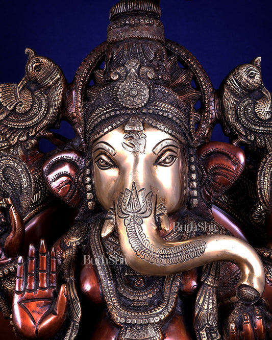 Large Superfine Brass Ganesha Seated on Throne with Gaja Lakshmi Carved Base 34 inch - Budhshiv.com