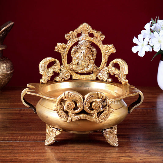 Lord Ganesha and Goddess Lakshmi Brass Statues on Decorative Urli 7 inch - Budhshiv.com