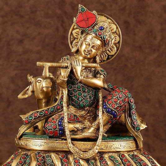 Lord krishna seated with cow brass idol with stonework 7.5 inch - Budhshiv.com