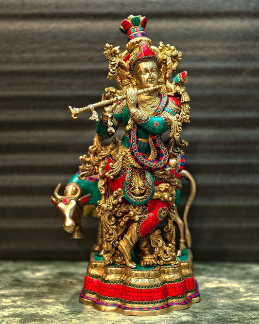 Lord Krishna with Cow Brass Idol - Meenakari Adornments, 26.5" Tall, 26kg - Budhshiv.com