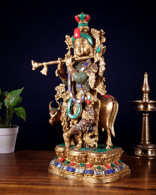 Lord Krishna with Cow Brass Statue - 17" Exquisite Sculpture - Budhshiv.com