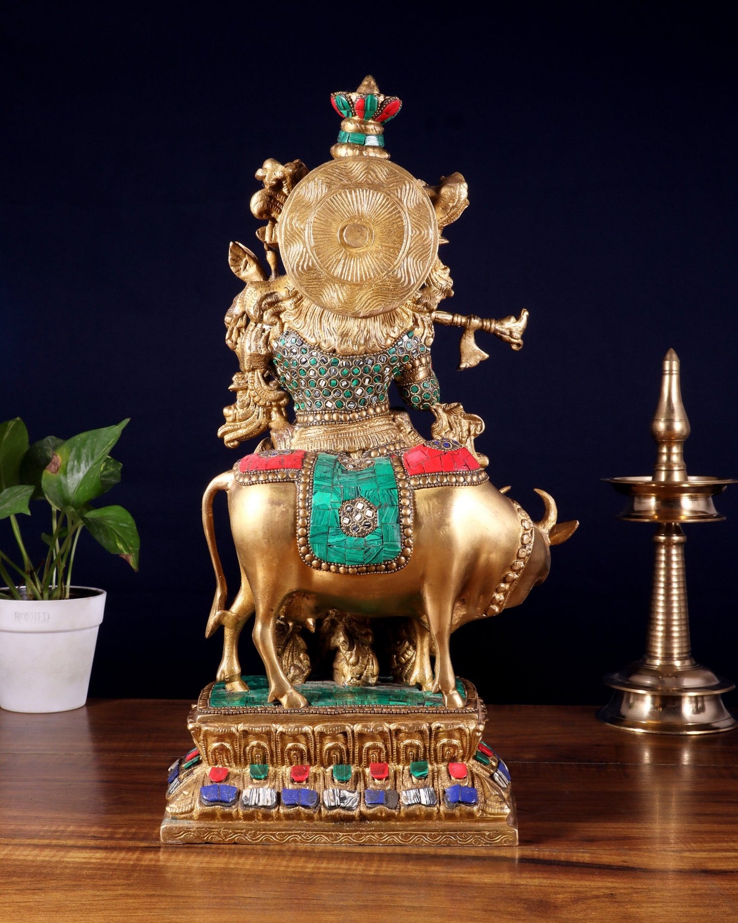 Lord Krishna with Cow Brass Statue - 17" Exquisite Sculpture - Budhshiv.com