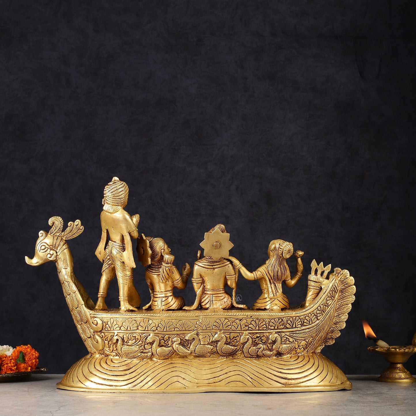 Lord Rama, Sita, and Lakshmana Statue with Kewat on boat brass statue - Budhshiv.com