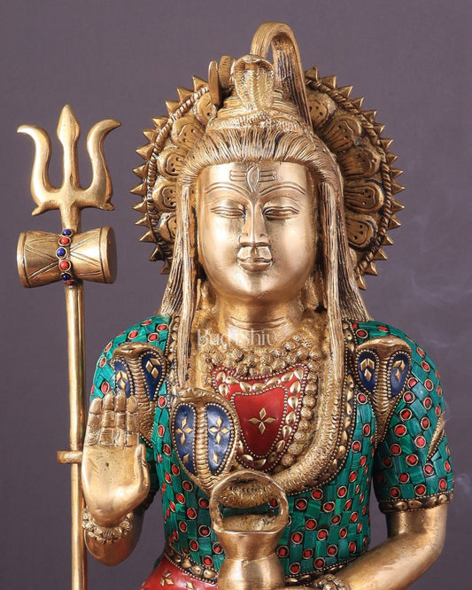 Lord Shiva Pure Brass Statue with Meenakari Stonework - 17" - Budhshiv.com