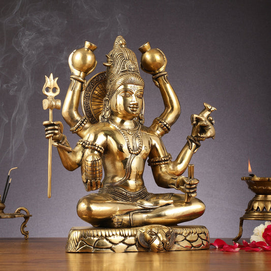 Mahamrityunjaya with six arms Pure Brass Superfine Shiva Statue 14 inch - Budhshiv.com