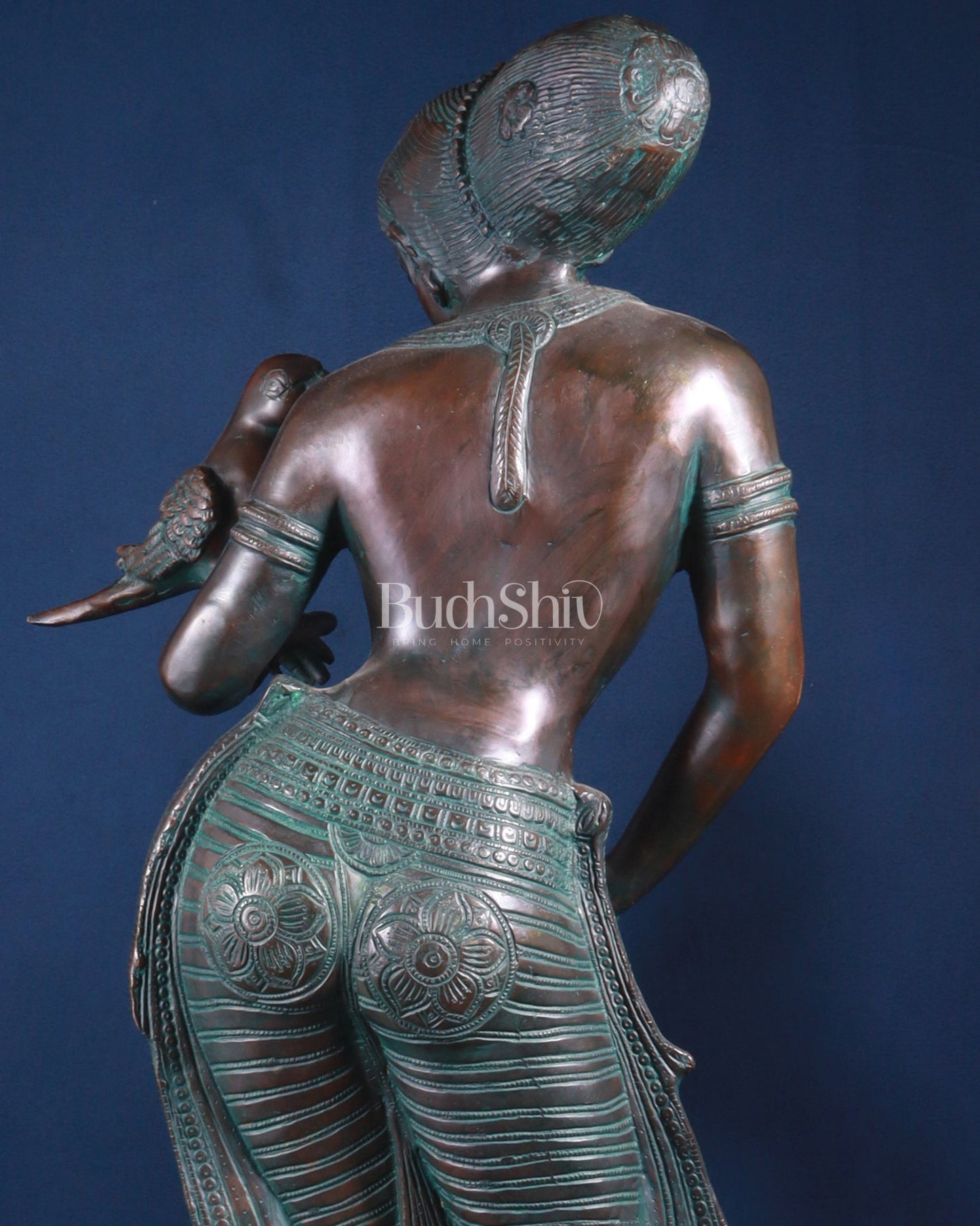Majestic Brass Lady Holding Parrot Idol – Chola Style, 36 Inch - Budhshiv.com