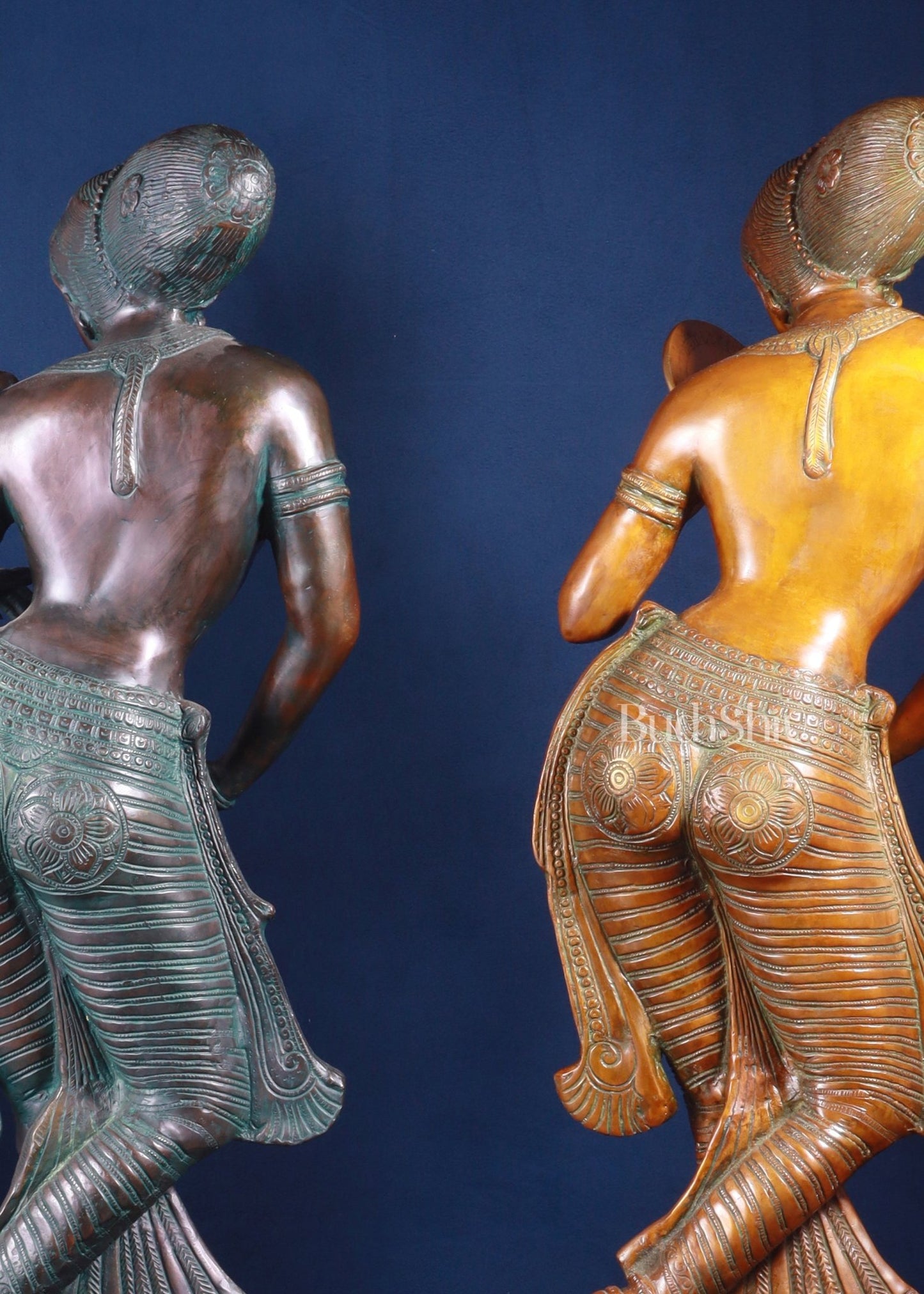 Majestic Brass Lady Holding Parrot & Lady Holding Mirror Sculpture – Chola Style, 36 Inch, 48 Kg - Budhshiv.com