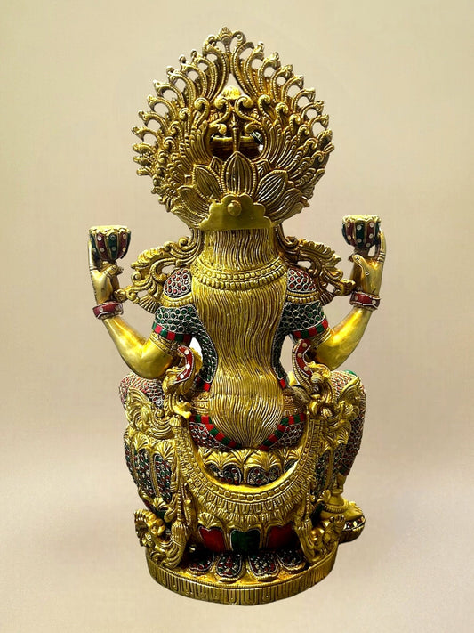 Majestic Brass Large Lakshmi Devi Idol with Meenakari 26" - Budhshiv.com