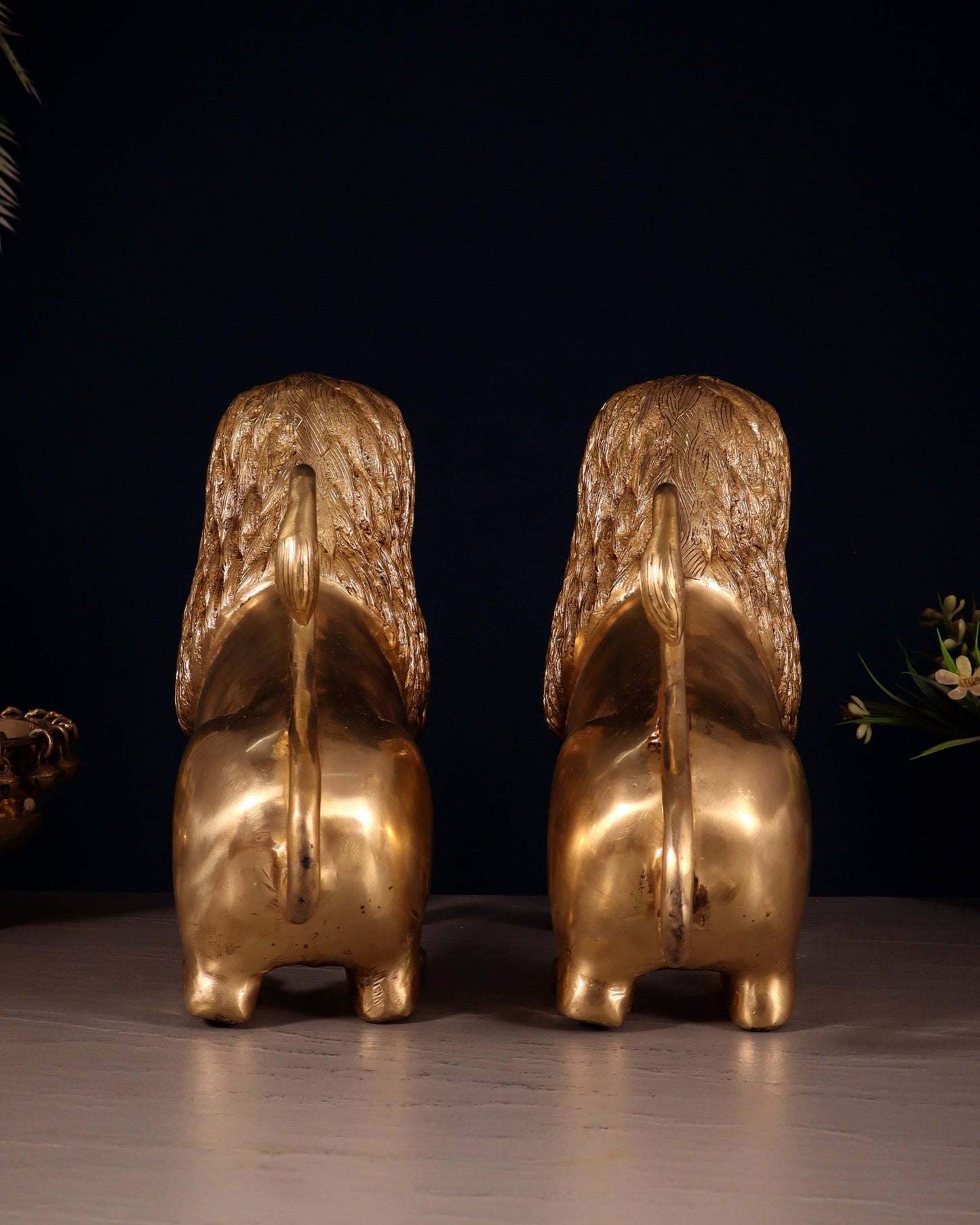 Majestic Brass Roaring Lion Pair – Handcrafted Decor Statues 12" - Budhshiv.com