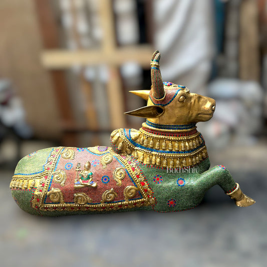 Majestic Pure Brass Large Nandi Sculpture Idol Statue with Stonework | 82 inch - Budhshiv.com