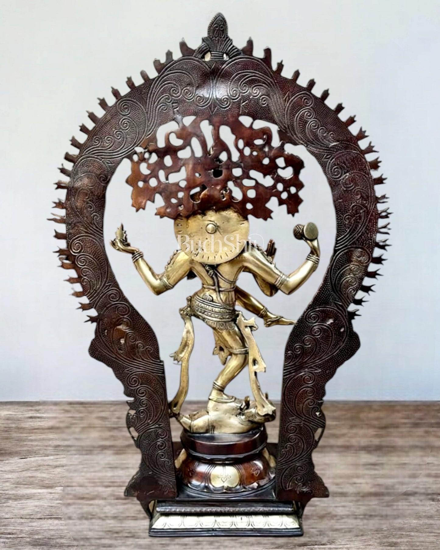 Majestic Pure Brass Large Nataraja Statue with a Unique Arch 28.5" dual tone - Budhshiv.com
