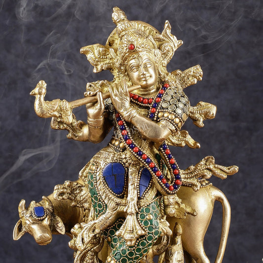 Multicolored Brass Krishna with Cow Idol | 12" with stonework - Budhshiv.com