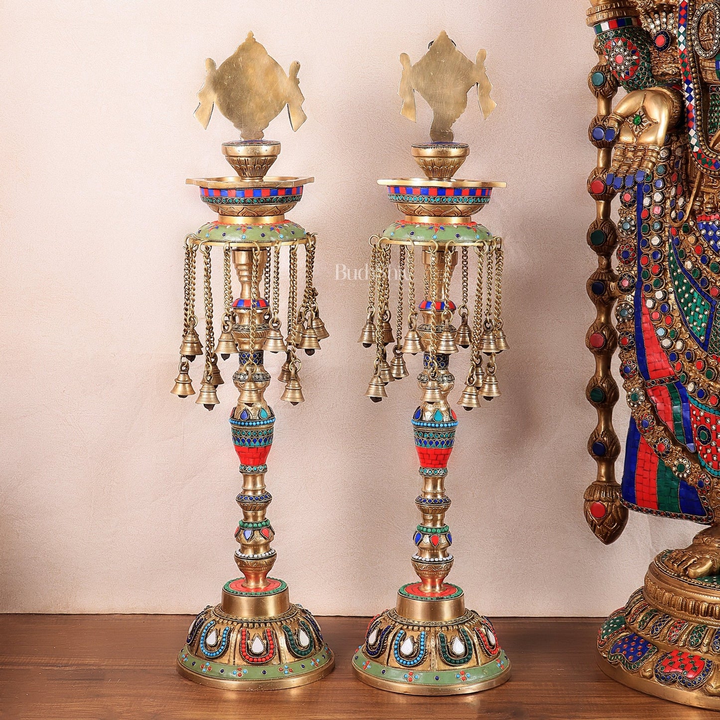 Multicolored Superfine Brass Shankh Chakra Oil Lamps - Pair 30 inch - Budhshiv.com