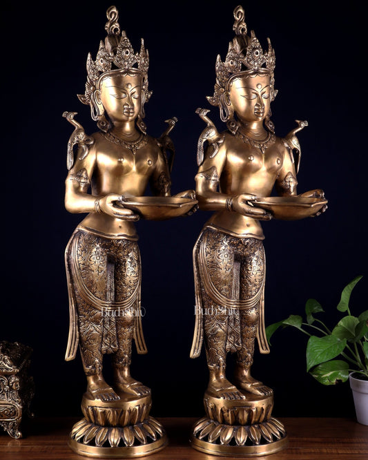 Pair of Brass Deep Lady Welcome Lady Statues – Entrance Decor | 30.5" - Budhshiv.com