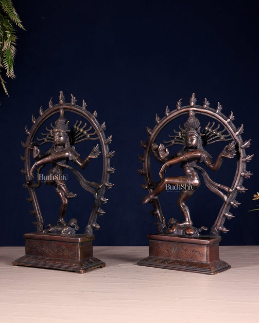 Pair of Chola Style Brass Nataraja Statues – Vintage Tone (Mirror Image Set) 12" - Budhshiv.com
