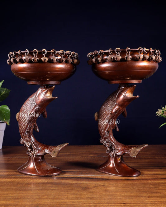 Pair of Designer Brass Jumping Dolphin Urli Bowls with Ghungroos | Festive Décor & Auspicious Gifting - Budhshiv.com