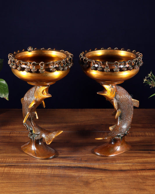 Pair of Designer Brass Jumping Dolphin Urli Bowls with Ghungroos | Festive Décor & Auspicious Gifting - Budhshiv.com