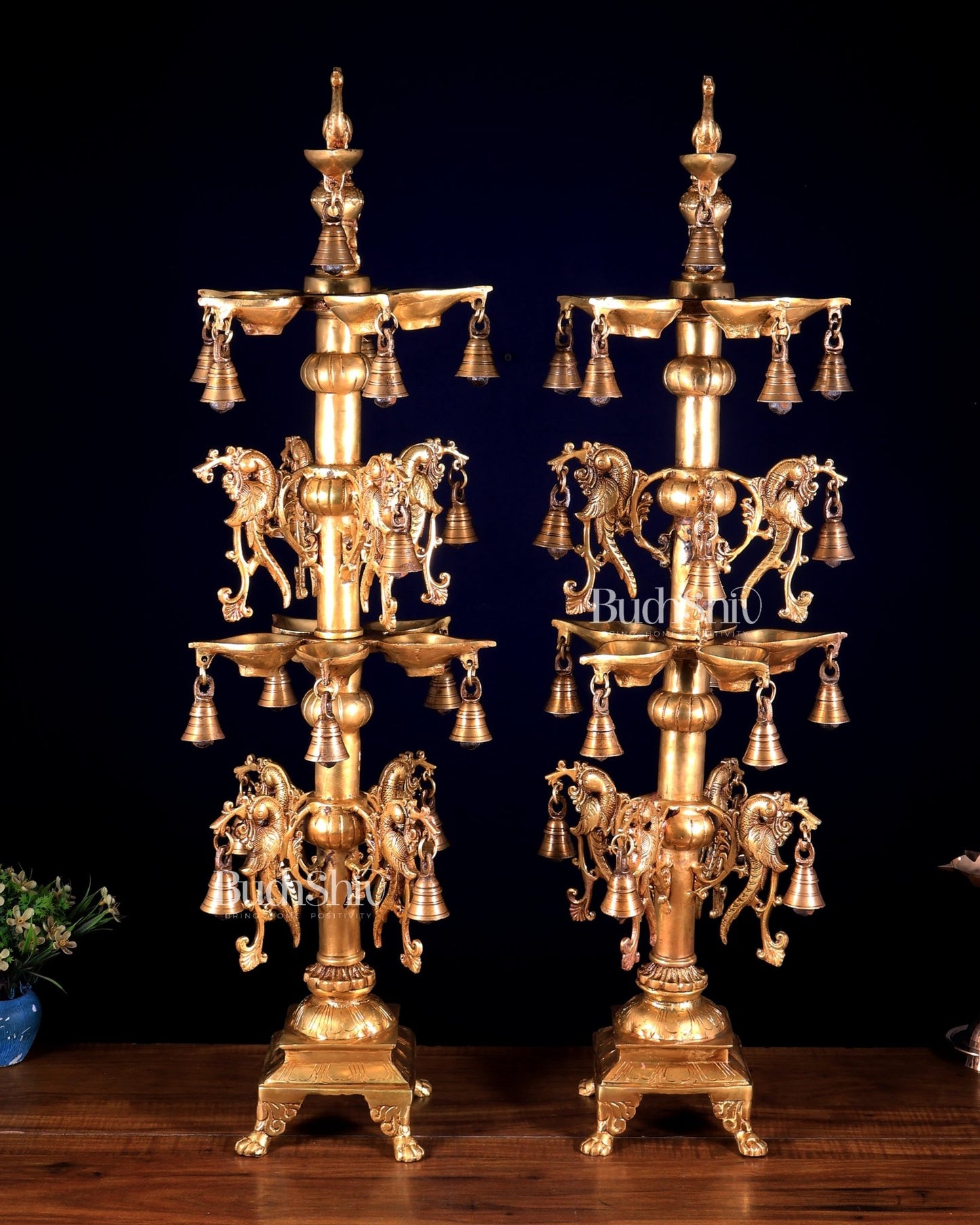 Pair of Tall Brass Peacock Lamps – Traditional Temple Samai 31 inch - Budhshiv.com