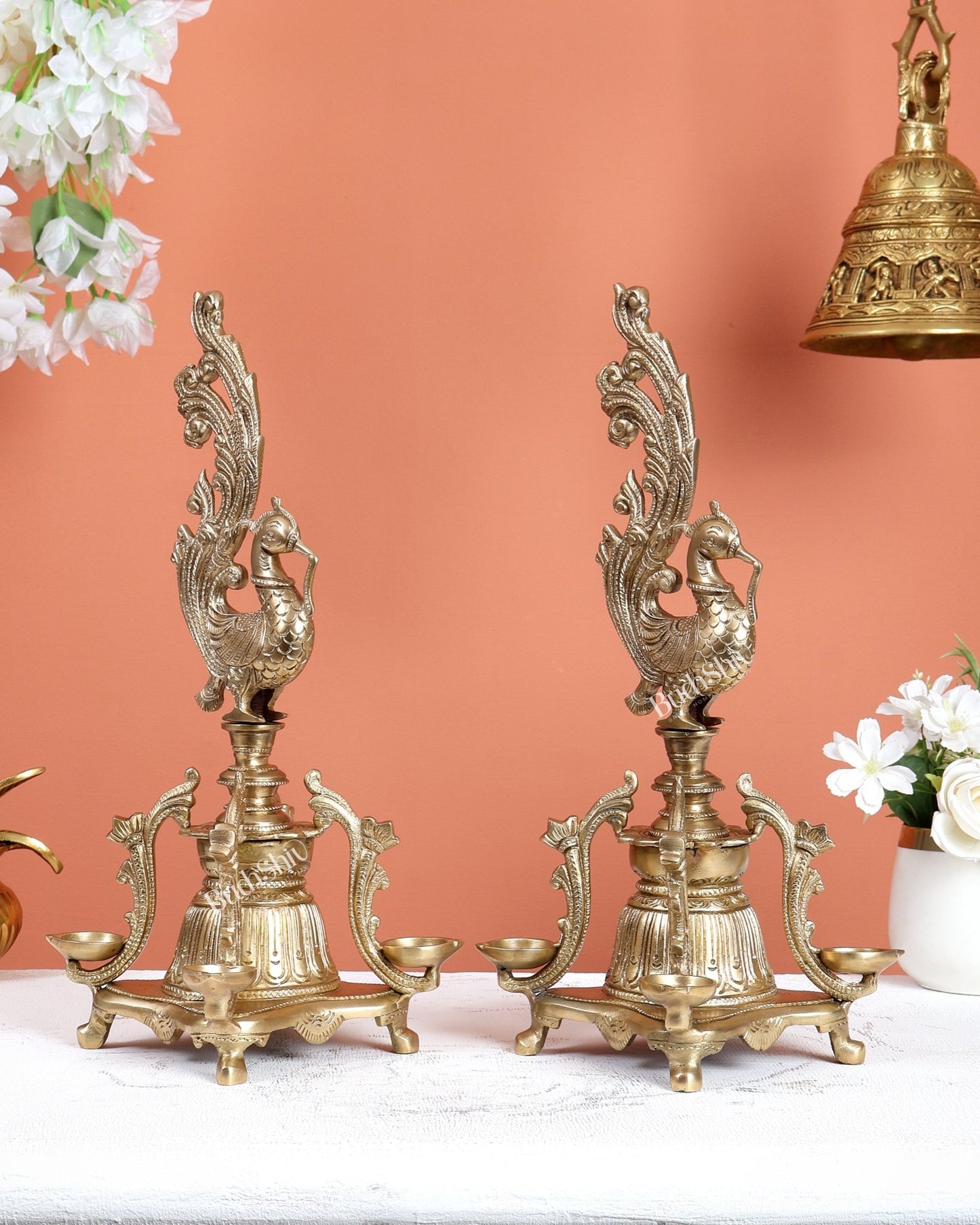 Pair of Unique Bronze Annam Pakshi Design Diya Lamp Samai – Traditional South Indian Oil Lamps (13.5 Inches) - Budhshiv.com