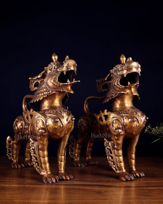 Pair of Vintage Brass Tibetan Snow Lion Statues 14.5 inch - Budhshiv.com