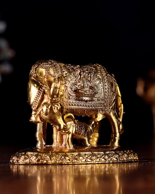 Panchaloha Bronze Kamadhenu Cow with Calf Idol | Mini 3 inch - Budhshiv.com