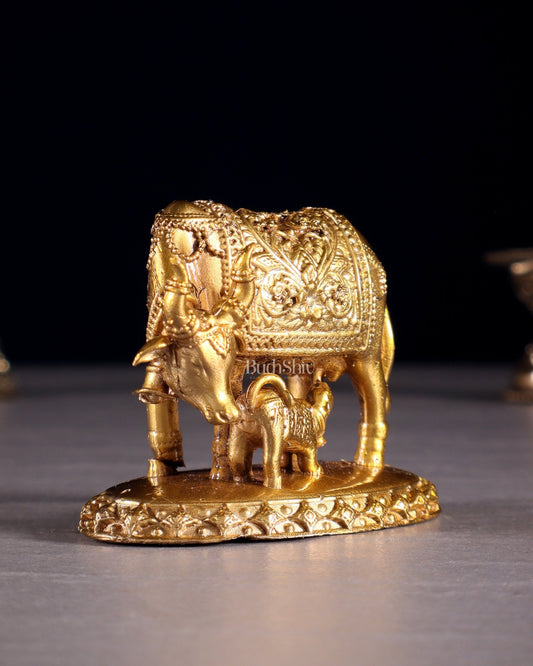 Panchaloha Pure Bronze Cow with Calf Idol – Gomatha Kamdhenu | 2.5" - Budhshiv.com