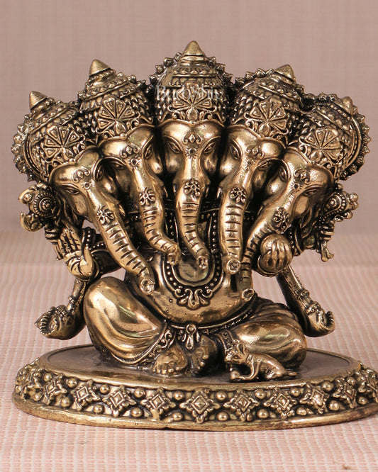 Panchmukhi Ganesha (Five - Faced) Superfine Intricate Pure Brass Idol - 4.25" - Budhshiv.com