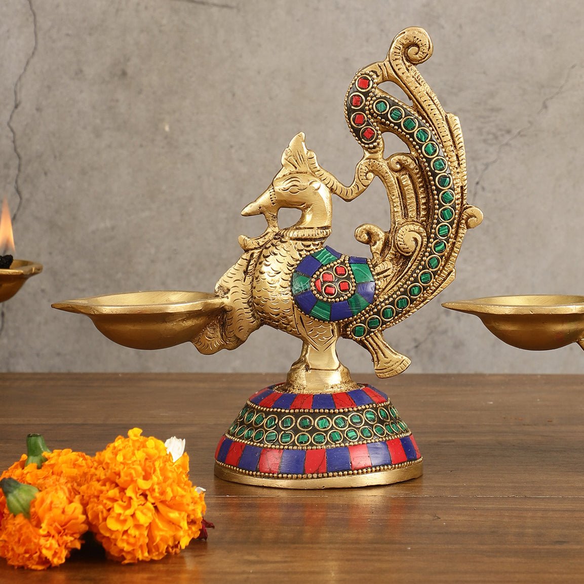 Peacock Brass Oil Lamps | 8 inches Meenakari Stonework 8" - Budhshiv.com